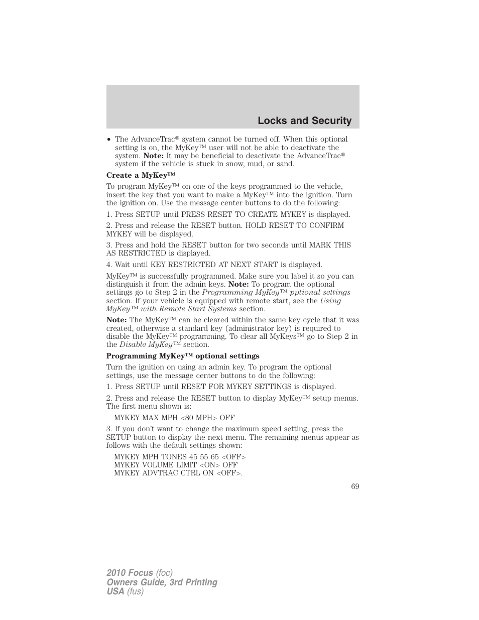 Locks and security | FORD 2010 Focus v.3 User Manual | Page 69 / 275