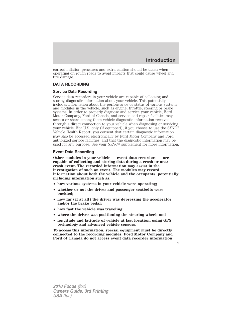 Data recording, Service data recording, Event data recording | Introduction | FORD 2010 Focus v.3 User Manual | Page 7 / 275