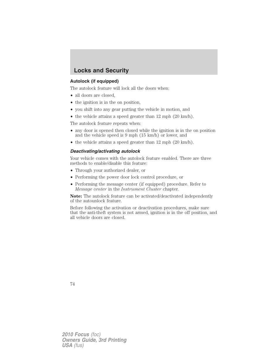 Autolock (if equipped), Deactivating/activating autolock, Locks and security | FORD 2010 Focus v.3 User Manual | Page 74 / 275