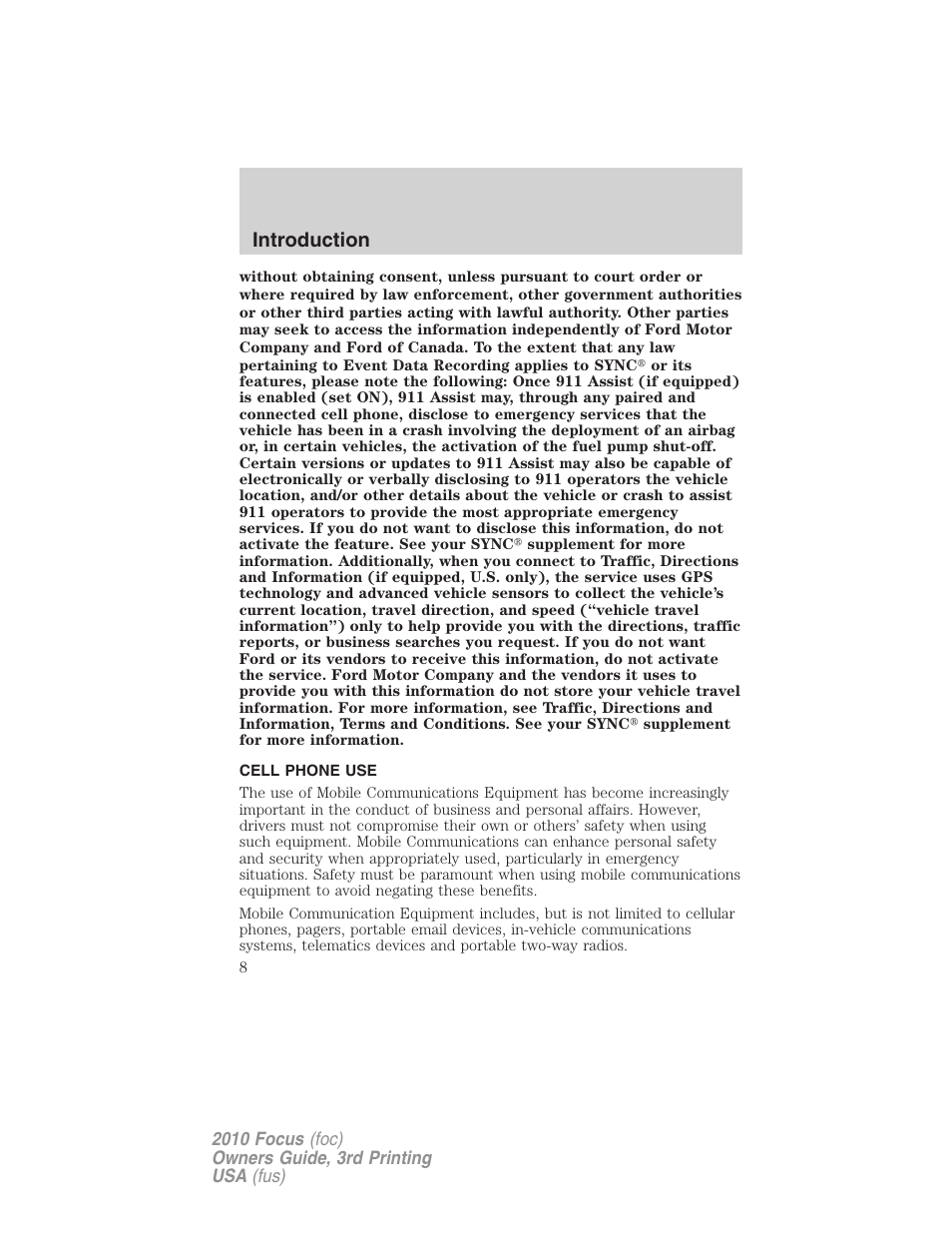 Cell phone use, Introduction | FORD 2010 Focus v.3 User Manual | Page 8 / 275