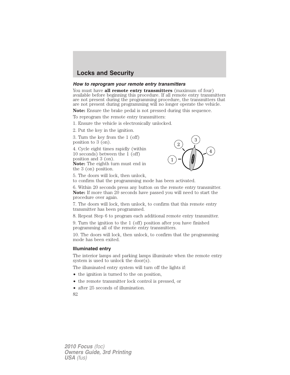 How to reprogram your remote entry transmitters, Illuminated entry, Locks and security | FORD 2010 Focus v.3 User Manual | Page 82 / 275