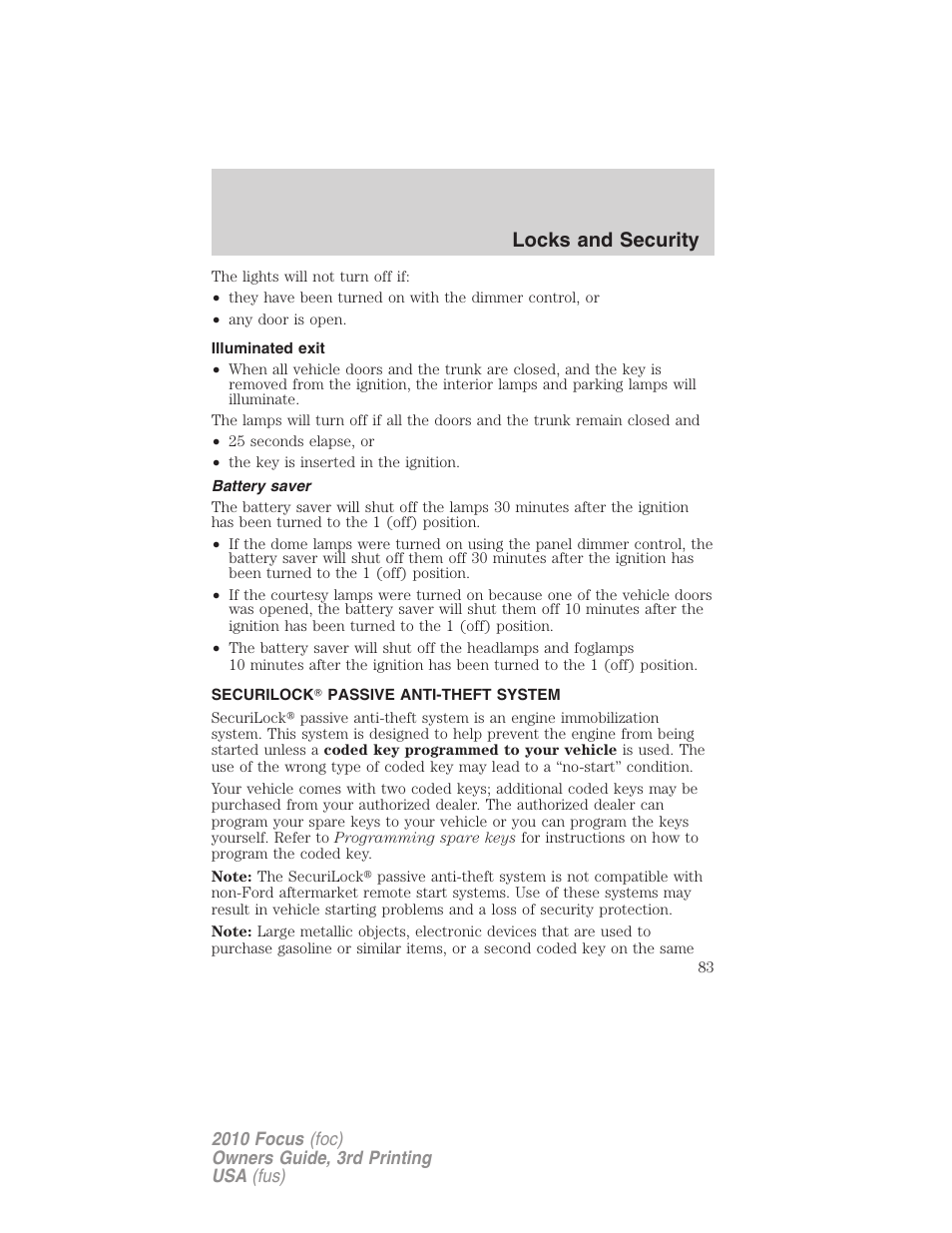 Illuminated exit, Battery saver, Securilock passive anti-theft system | Anti-theft system, Locks and security | FORD 2010 Focus v.3 User Manual | Page 83 / 275