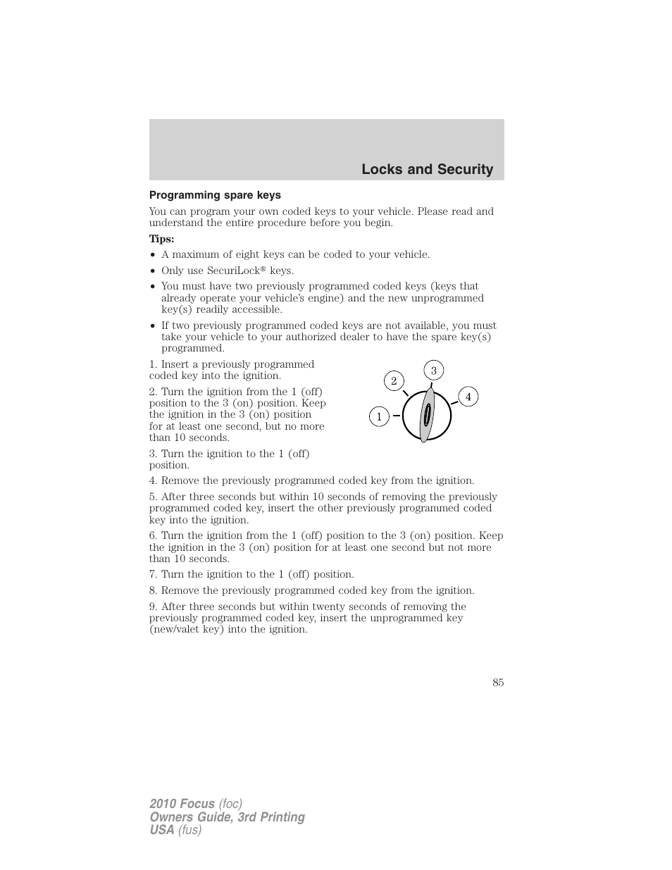 Programming spare keys, Locks and security | FORD 2010 Focus v.3 User Manual | Page 85 / 275
