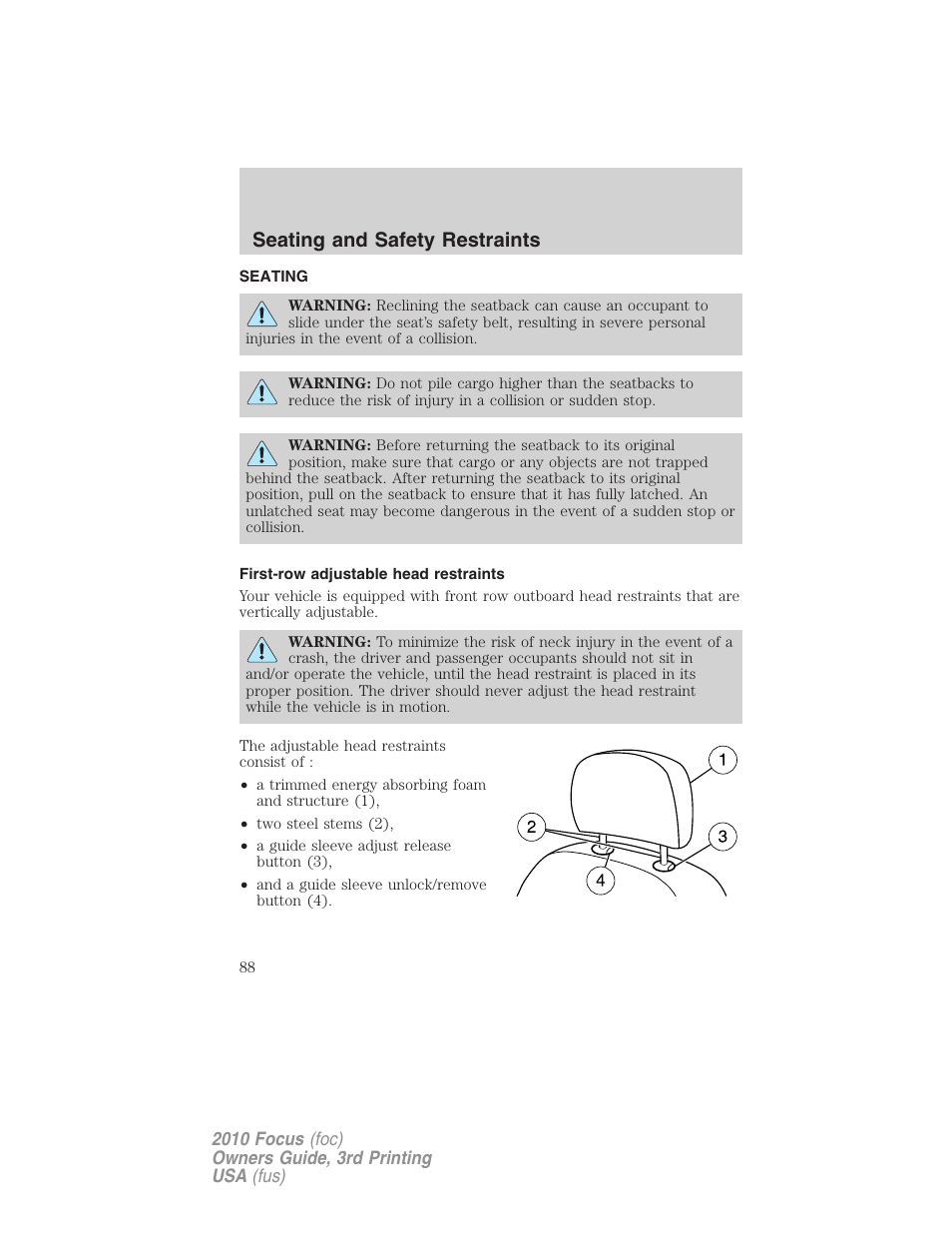 Seating and safety restraints, Seating, First-row adjustable head restraints | FORD 2010 Focus v.3 User Manual | Page 88 / 275