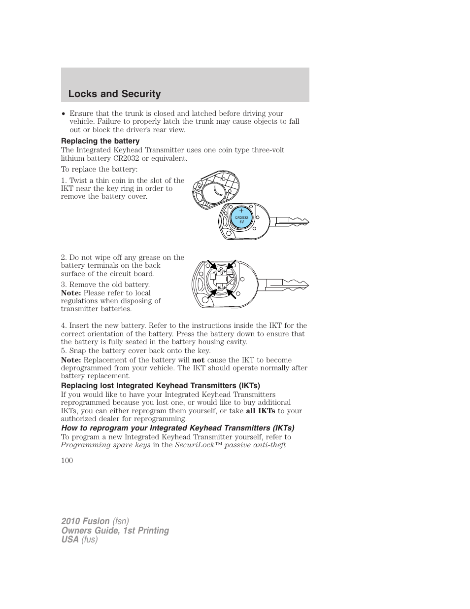 Replacing the battery, Locks and security | FORD 2010 Fusion v.1 User Manual | Page 100 / 338