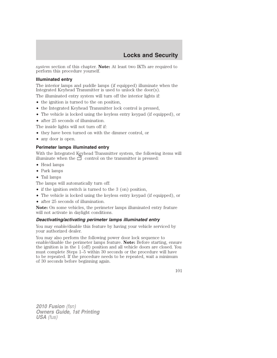 Illuminated entry, Perimeter lamps illuminated entry, Locks and security | FORD 2010 Fusion v.1 User Manual | Page 101 / 338