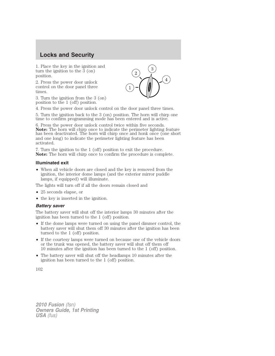 Illuminated exit, Battery saver, Locks and security | FORD 2010 Fusion v.1 User Manual | Page 102 / 338