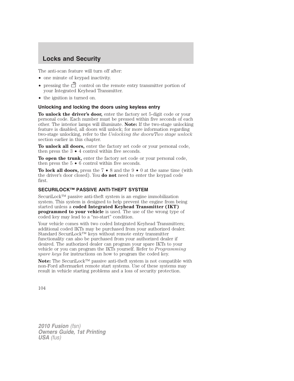 Securilock™ passive anti-theft system, Anti-theft system, Locks and security | FORD 2010 Fusion v.1 User Manual | Page 104 / 338