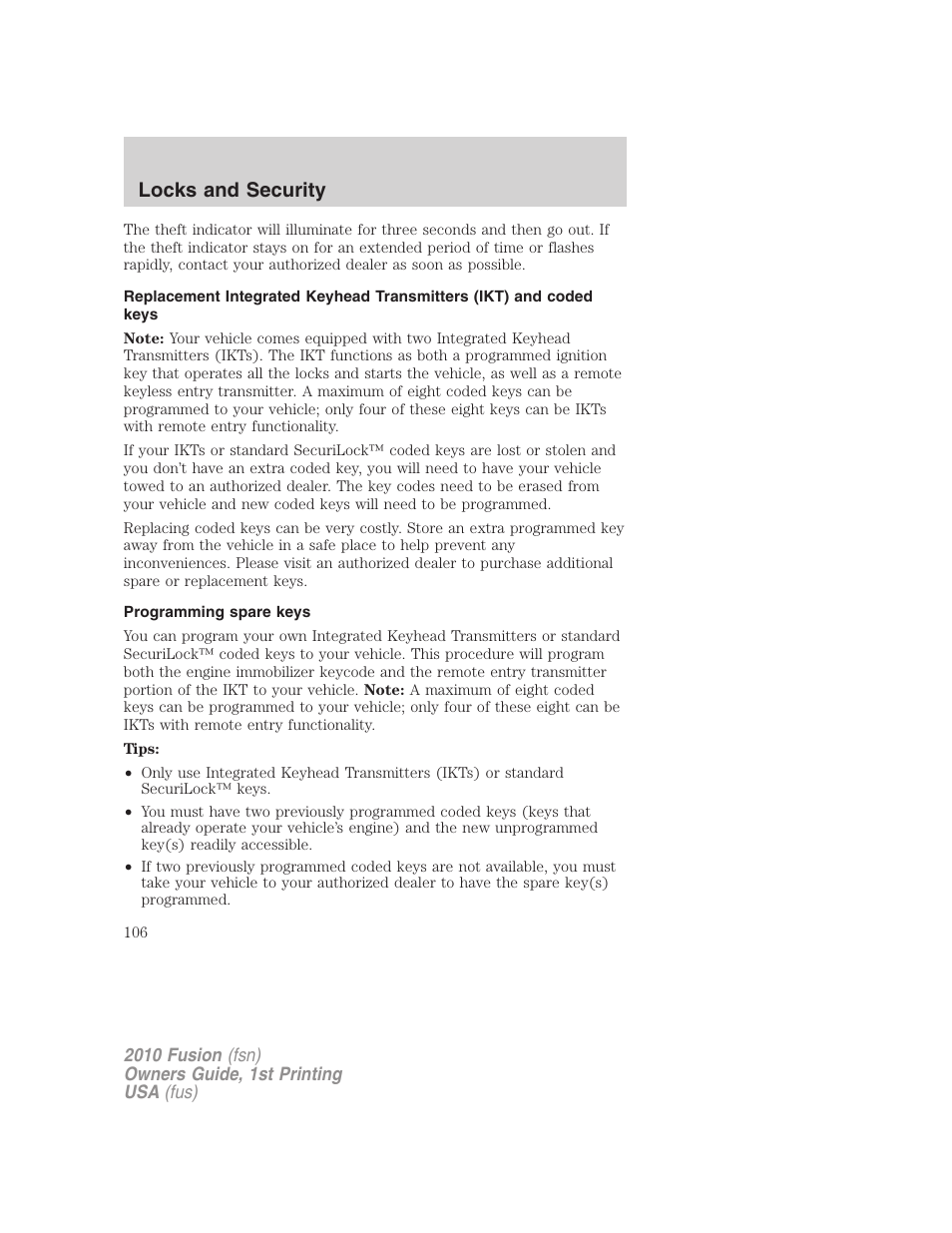 Programming spare keys, Locks and security | FORD 2010 Fusion v.1 User Manual | Page 106 / 338
