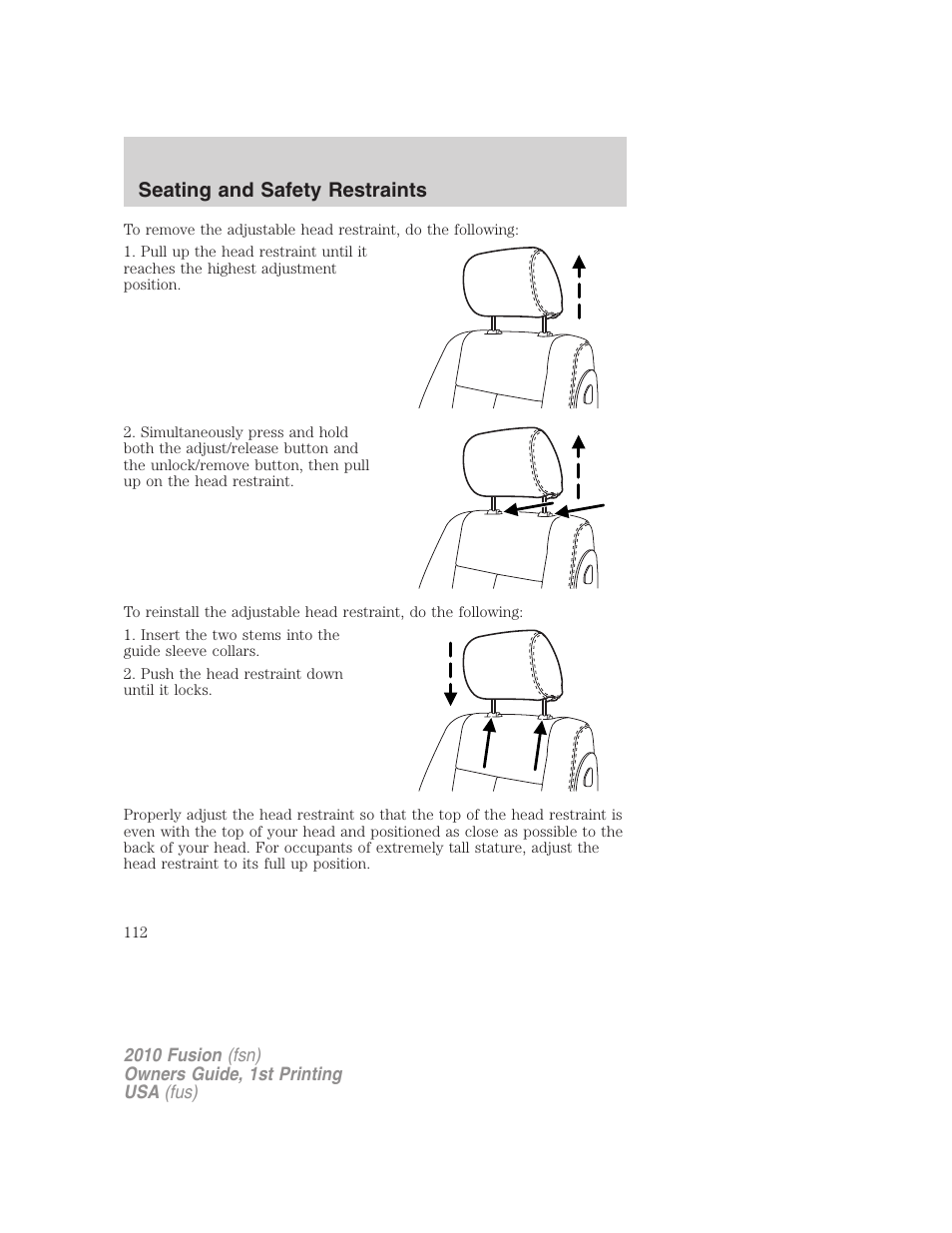 Seating and safety restraints | FORD 2010 Fusion v.1 User Manual | Page 112 / 338