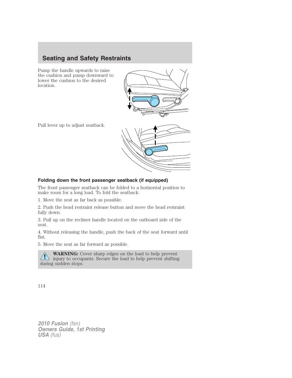 Seating and safety restraints | FORD 2010 Fusion v.1 User Manual | Page 114 / 338