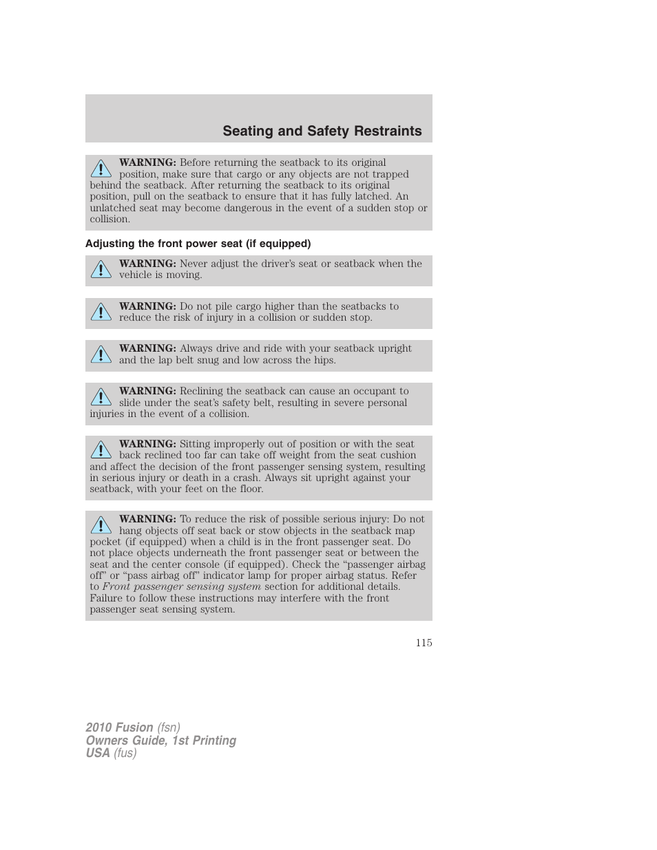 Adjusting the front power seat (if equipped), Seating and safety restraints | FORD 2010 Fusion v.1 User Manual | Page 115 / 338