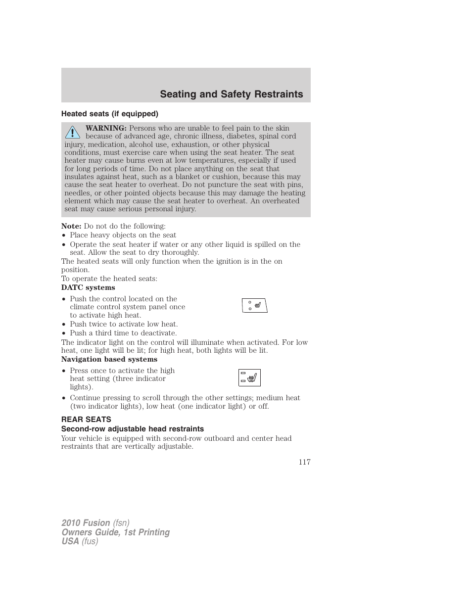 Heated seats (if equipped), Rear seats, Second-row adjustable head restraints | Seating and safety restraints | FORD 2010 Fusion v.1 User Manual | Page 117 / 338