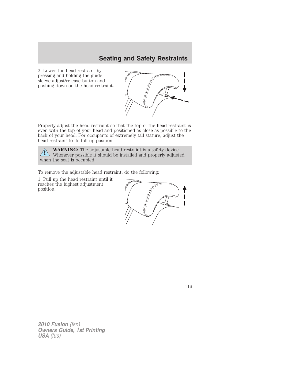 Seating and safety restraints | FORD 2010 Fusion v.1 User Manual | Page 119 / 338