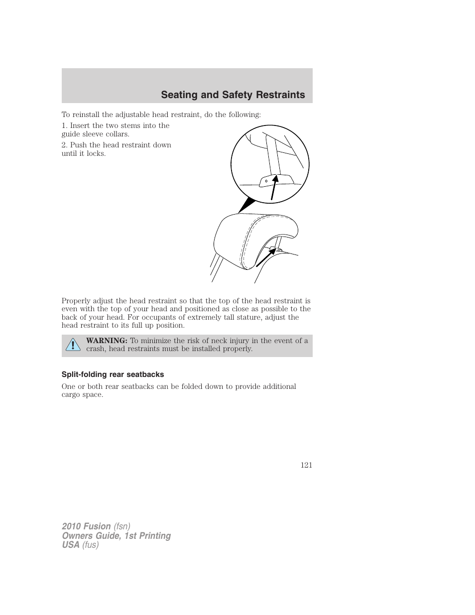 Split-folding rear seatbacks, Seating and safety restraints | FORD 2010 Fusion v.1 User Manual | Page 121 / 338