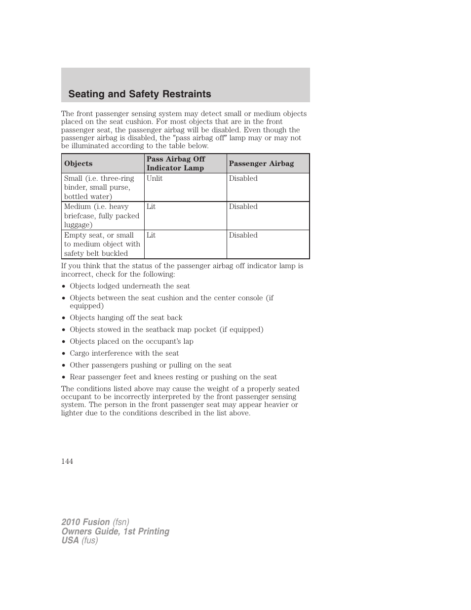 Seating and safety restraints | FORD 2010 Fusion v.1 User Manual | Page 144 / 338