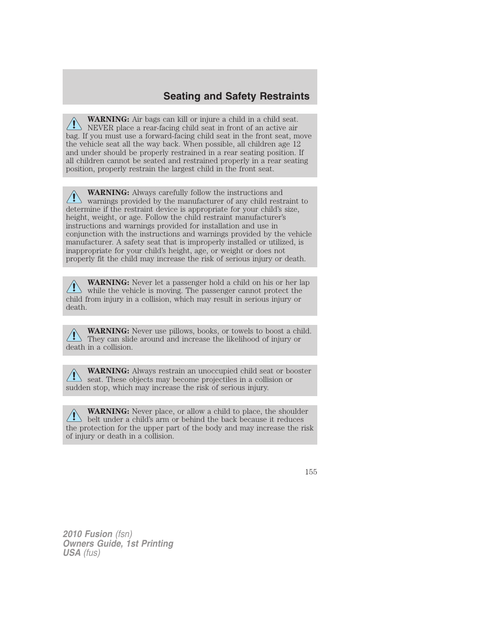 Seating and safety restraints | FORD 2010 Fusion v.1 User Manual | Page 155 / 338