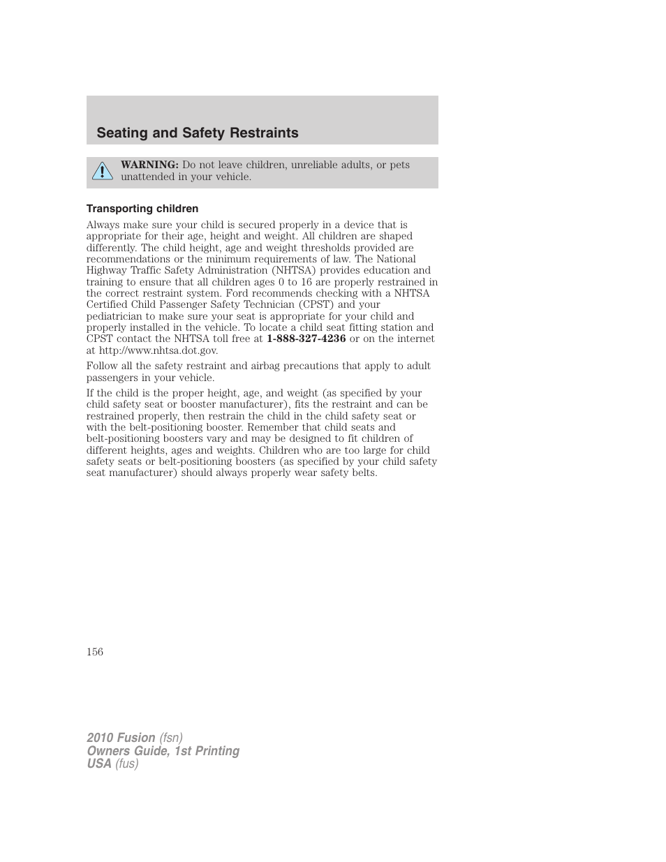 Transporting children, Seating and safety restraints | FORD 2010 Fusion v.1 User Manual | Page 156 / 338