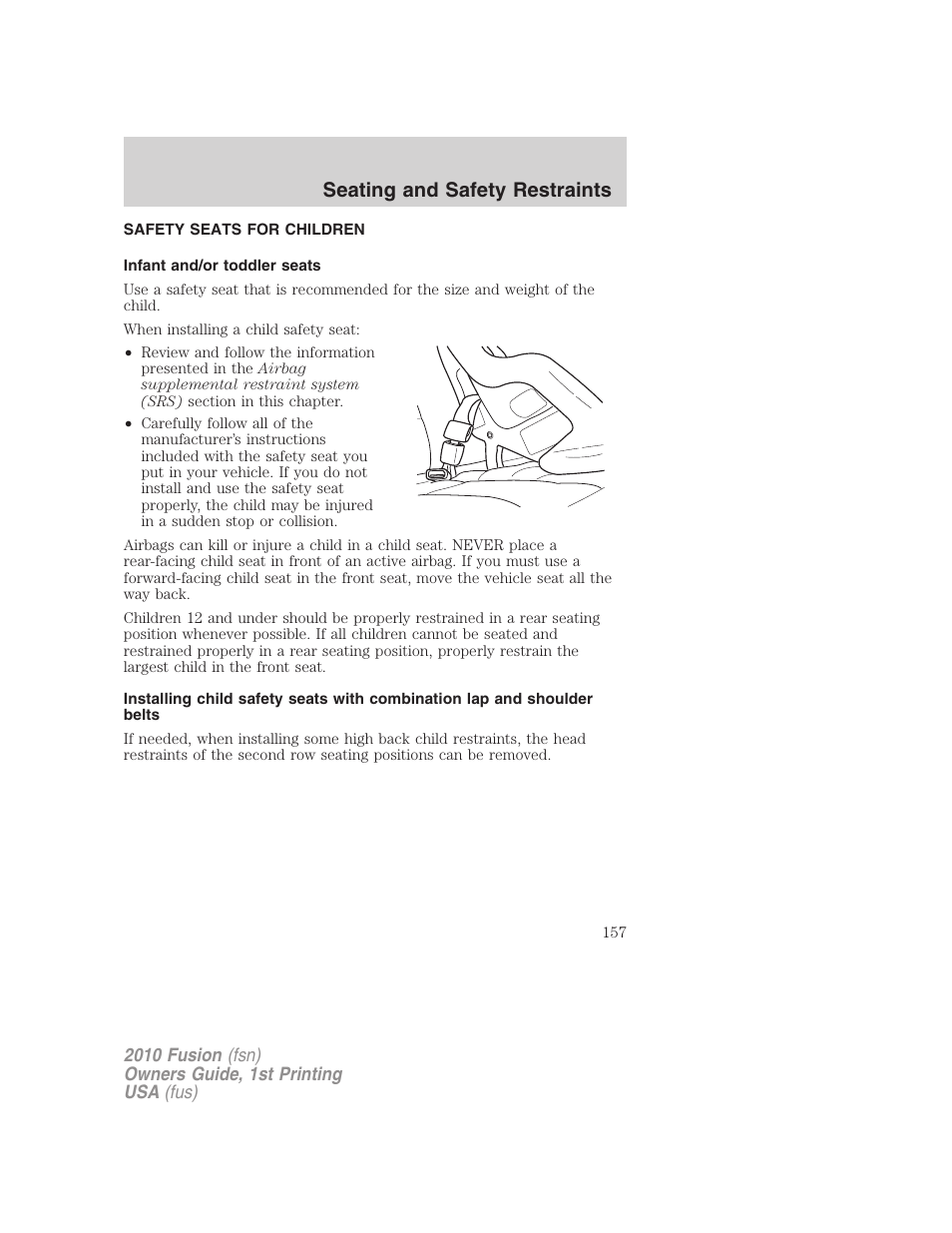 Safety seats for children, Infant and/or toddler seats, Seating and safety restraints | FORD 2010 Fusion v.1 User Manual | Page 157 / 338