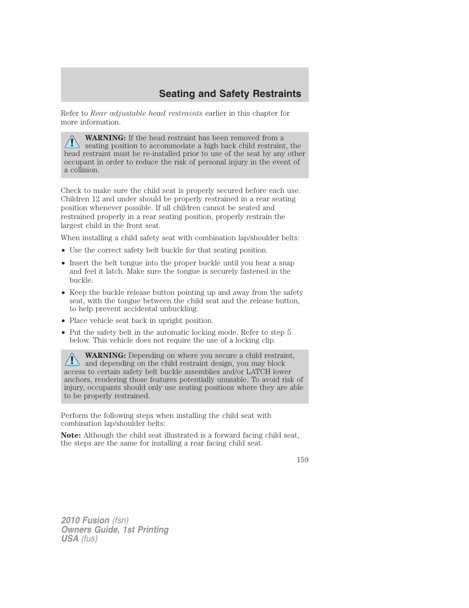 Seating and safety restraints | FORD 2010 Fusion v.1 User Manual | Page 159 / 338