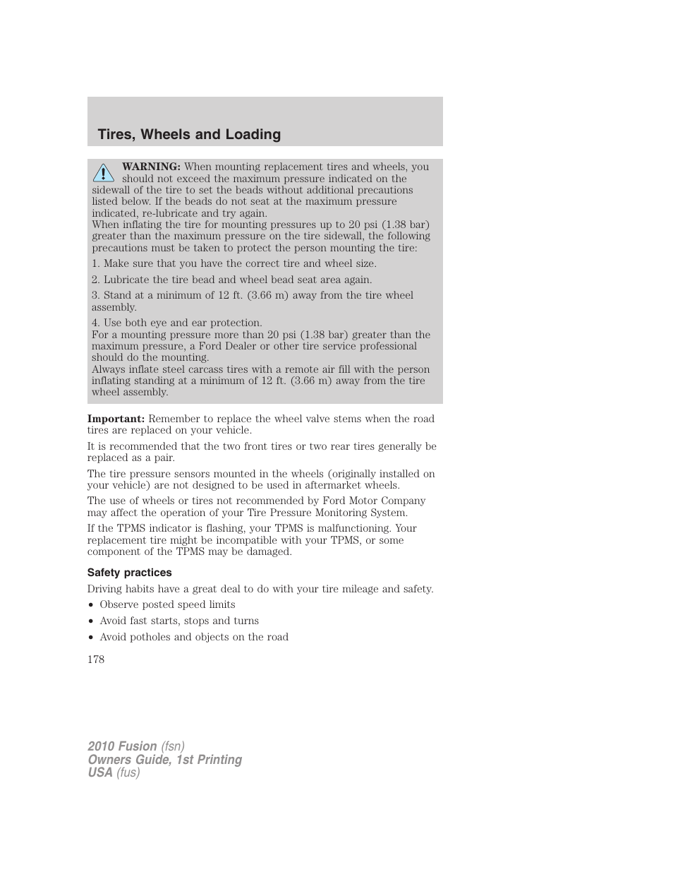 Safety practices, Tires, wheels and loading | FORD 2010 Fusion v.1 User Manual | Page 178 / 338