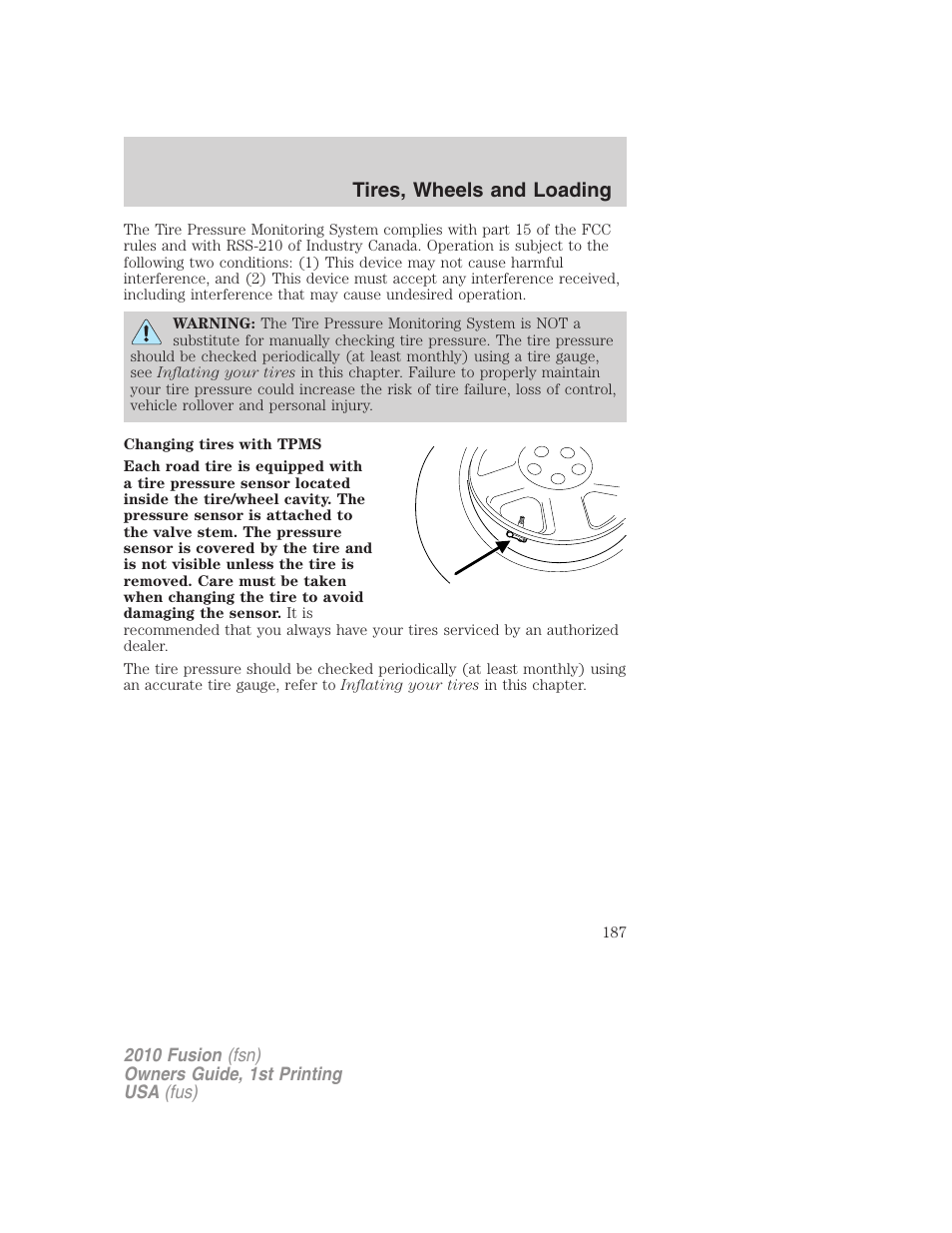 Tires, wheels and loading | FORD 2010 Fusion v.1 User Manual | Page 187 / 338