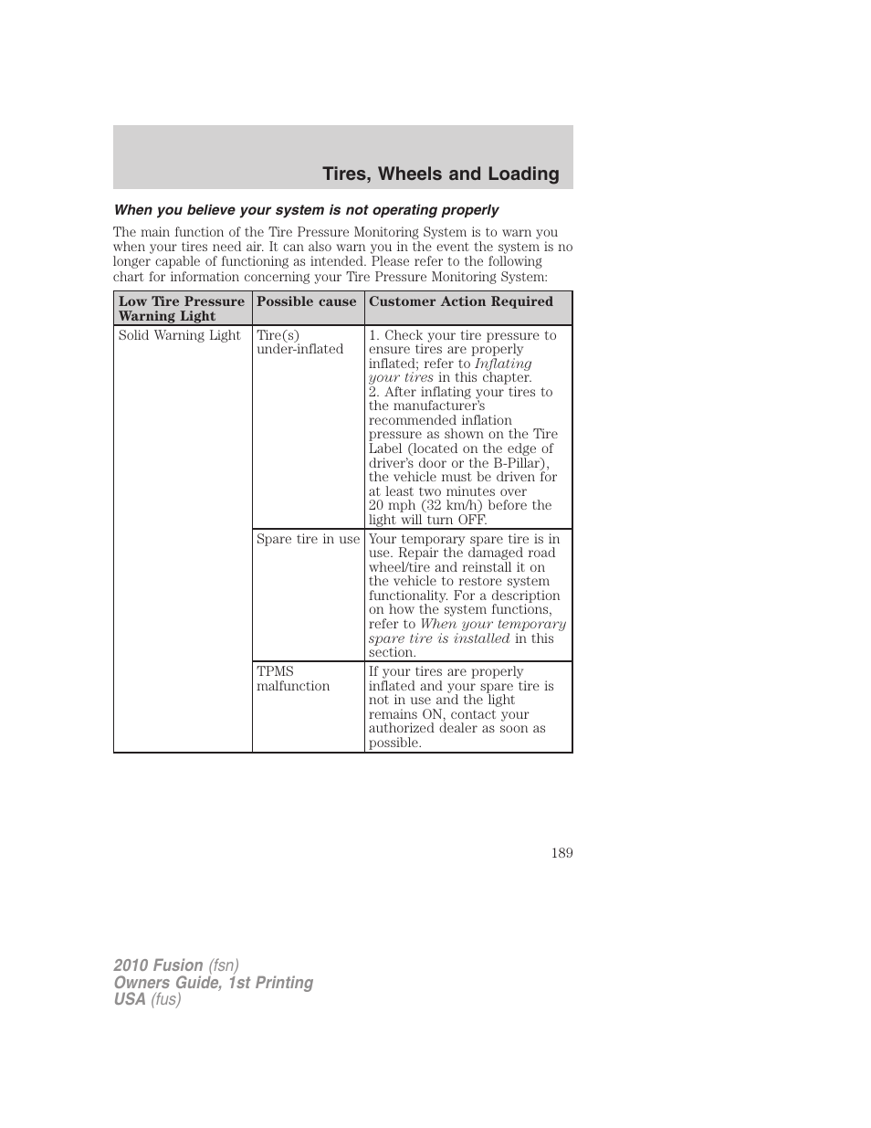 Tires, wheels and loading | FORD 2010 Fusion v.1 User Manual | Page 189 / 338