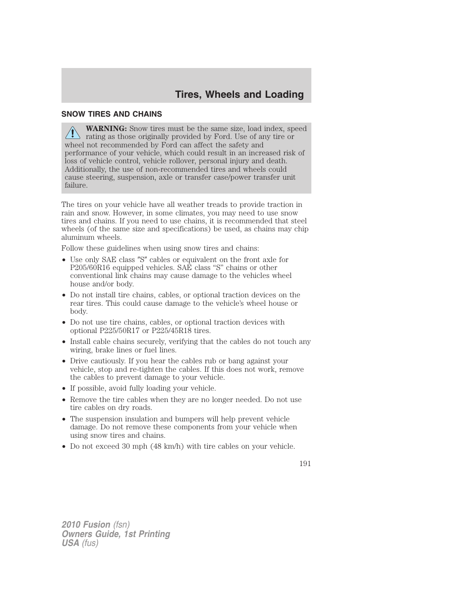 Snow tires and chains, Tires, wheels and loading | FORD 2010 Fusion v.1 User Manual | Page 191 / 338