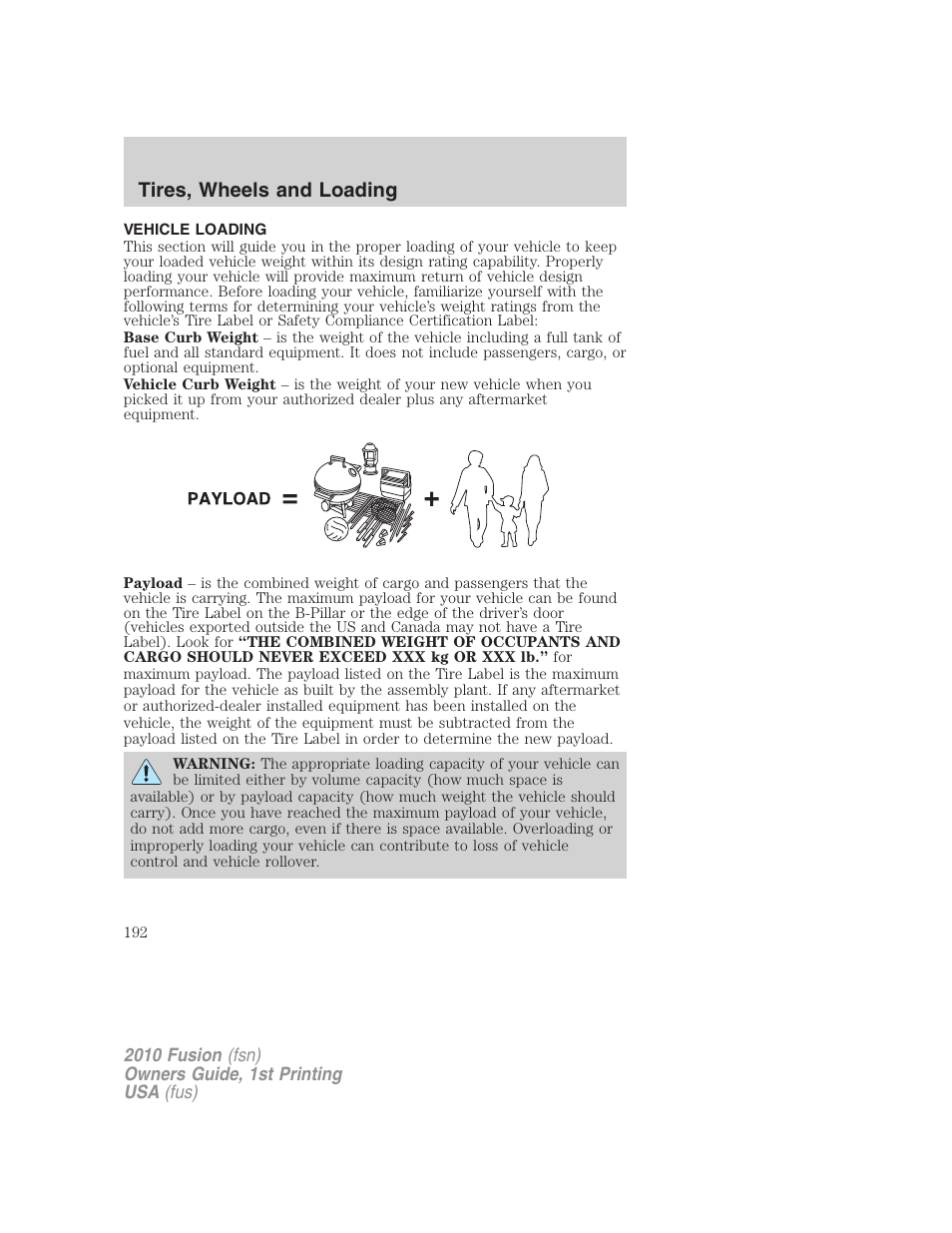 Vehicle loading, Tires, wheels and loading | FORD 2010 Fusion v.1 User Manual | Page 192 / 338