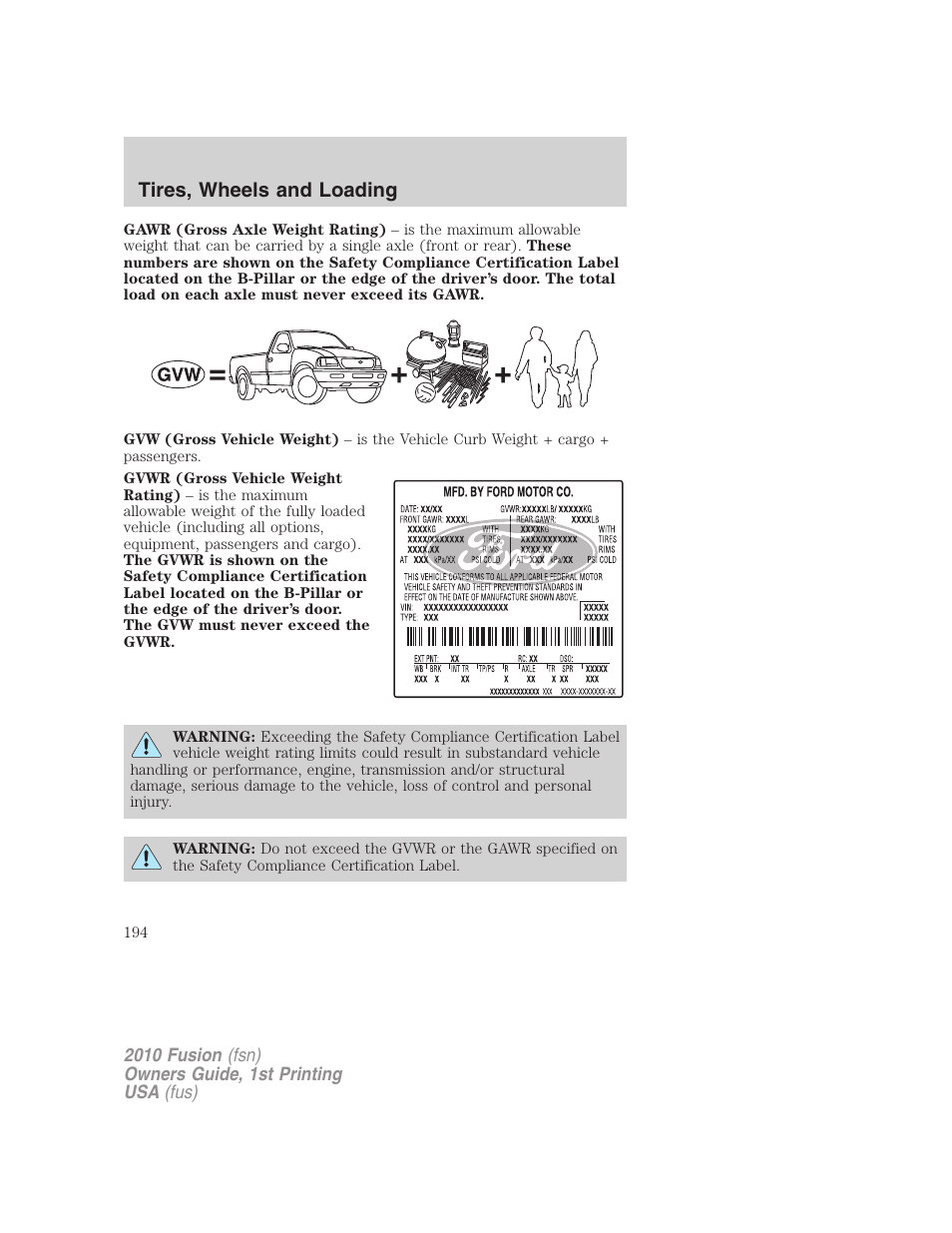 Tires, wheels and loading | FORD 2010 Fusion v.1 User Manual | Page 194 / 338
