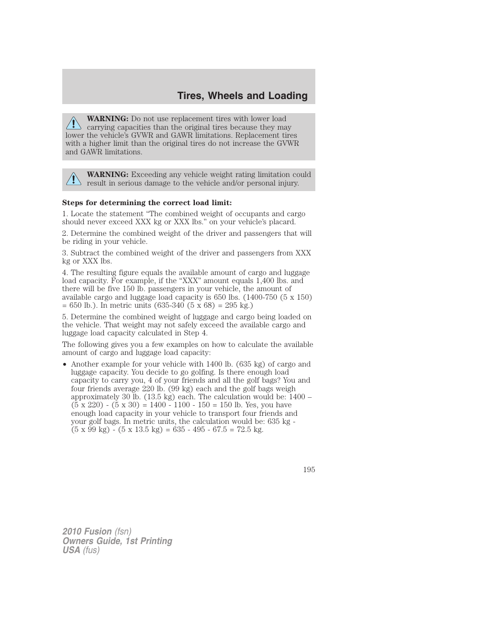 Tires, wheels and loading | FORD 2010 Fusion v.1 User Manual | Page 195 / 338