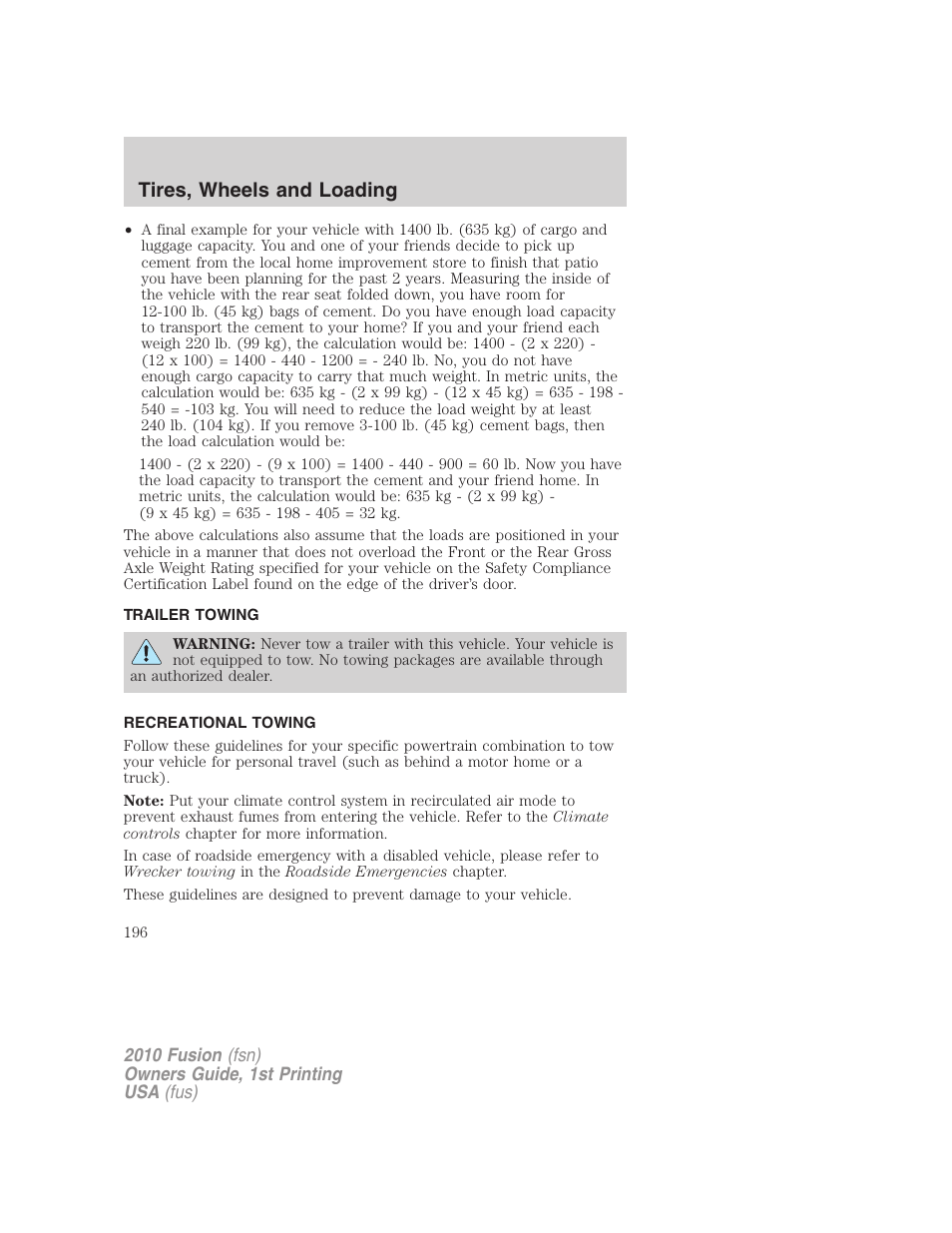 Trailer towing, Recreational towing, Tires, wheels and loading | FORD 2010 Fusion v.1 User Manual | Page 196 / 338