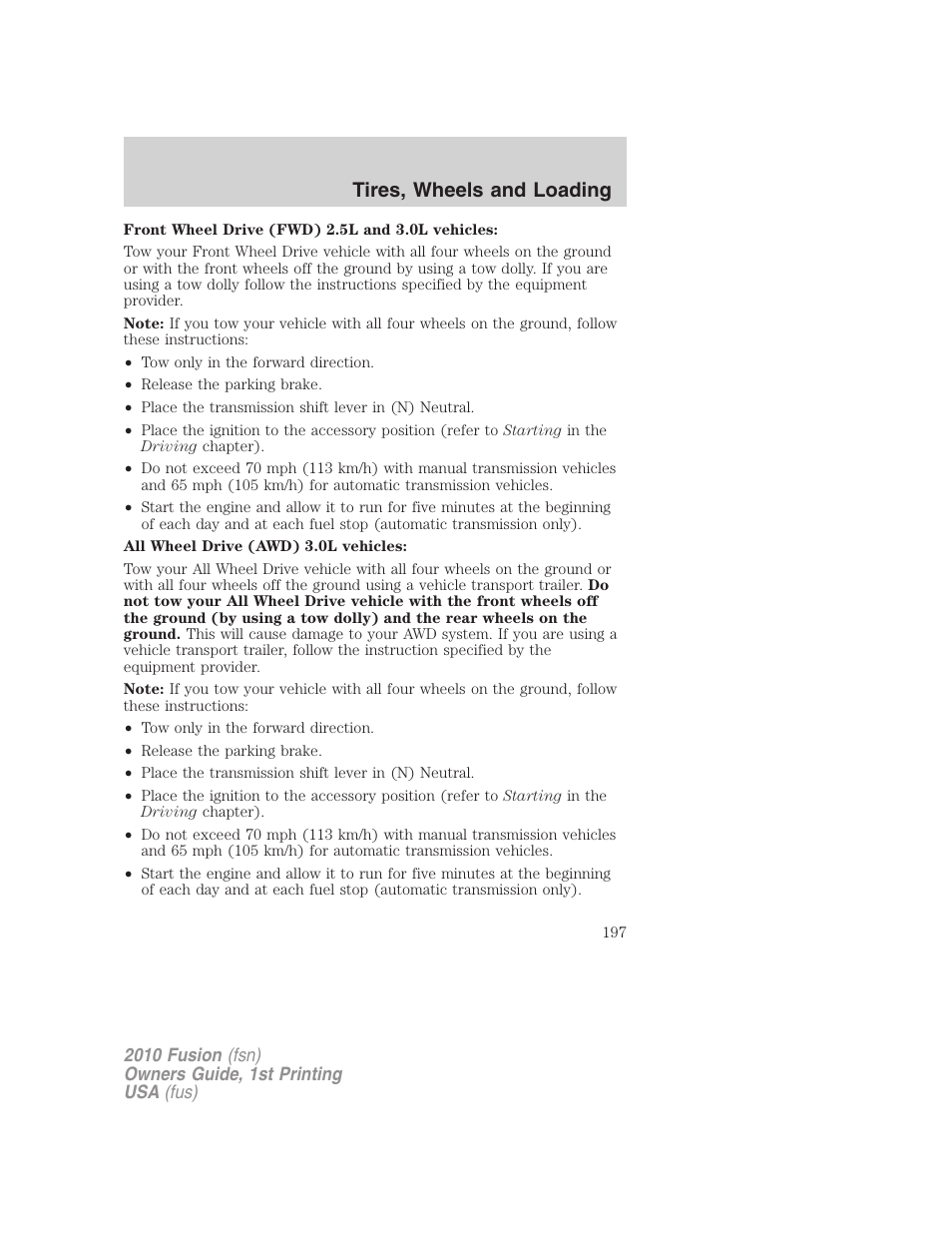 Tires, wheels and loading | FORD 2010 Fusion v.1 User Manual | Page 197 / 338