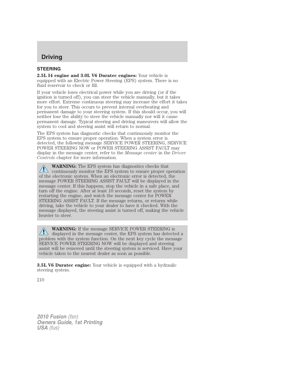 Steering, Driving | FORD 2010 Fusion v.1 User Manual | Page 210 / 338