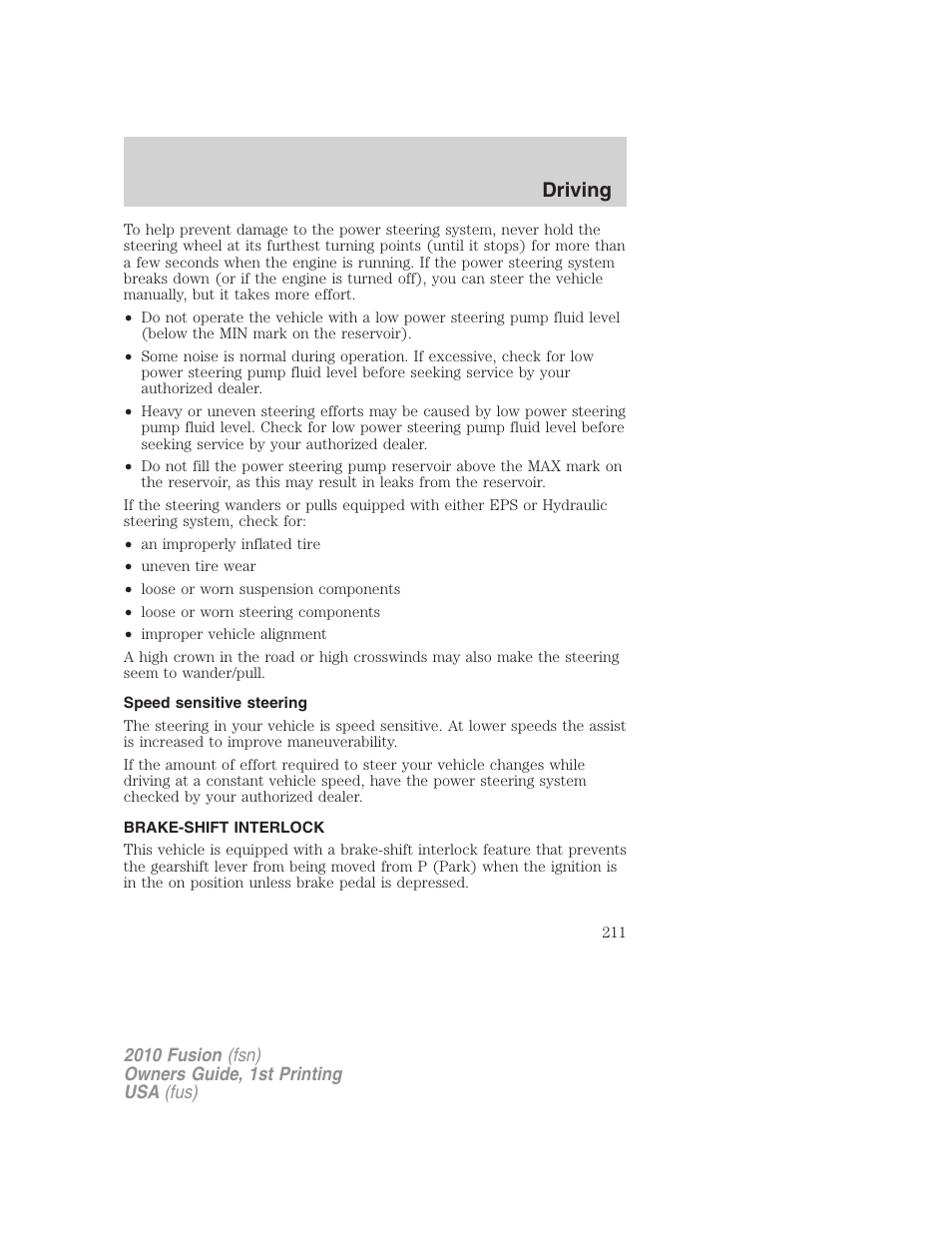 Speed sensitive steering, Brake-shift interlock, Driving | FORD 2010 Fusion v.1 User Manual | Page 211 / 338