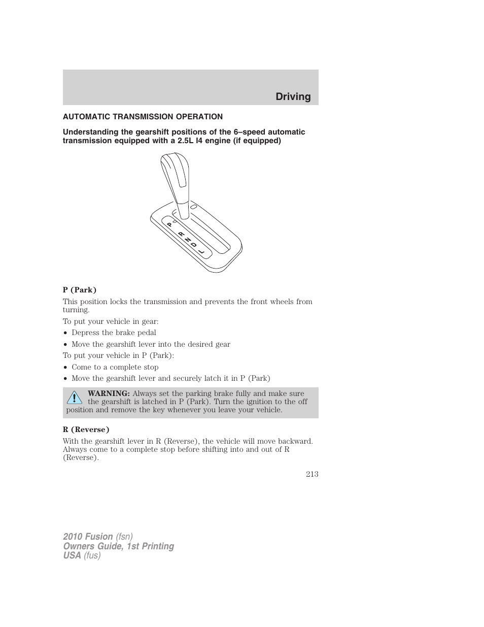 Automatic transmission operation, Transmission operation, Driving | FORD 2010 Fusion v.1 User Manual | Page 213 / 338
