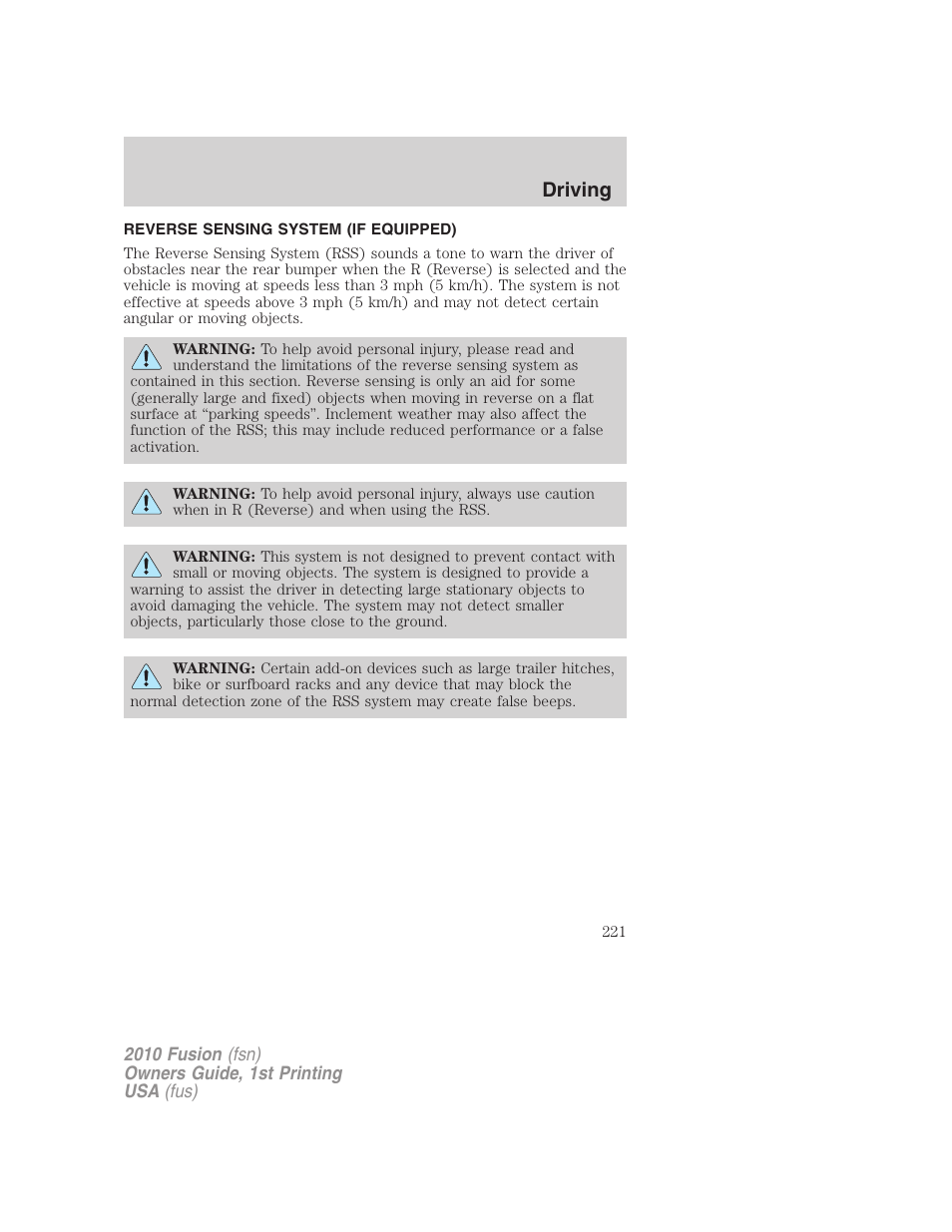 Reverse sensing system (if equipped), Reverse sensing system, Driving | FORD 2010 Fusion v.1 User Manual | Page 221 / 338