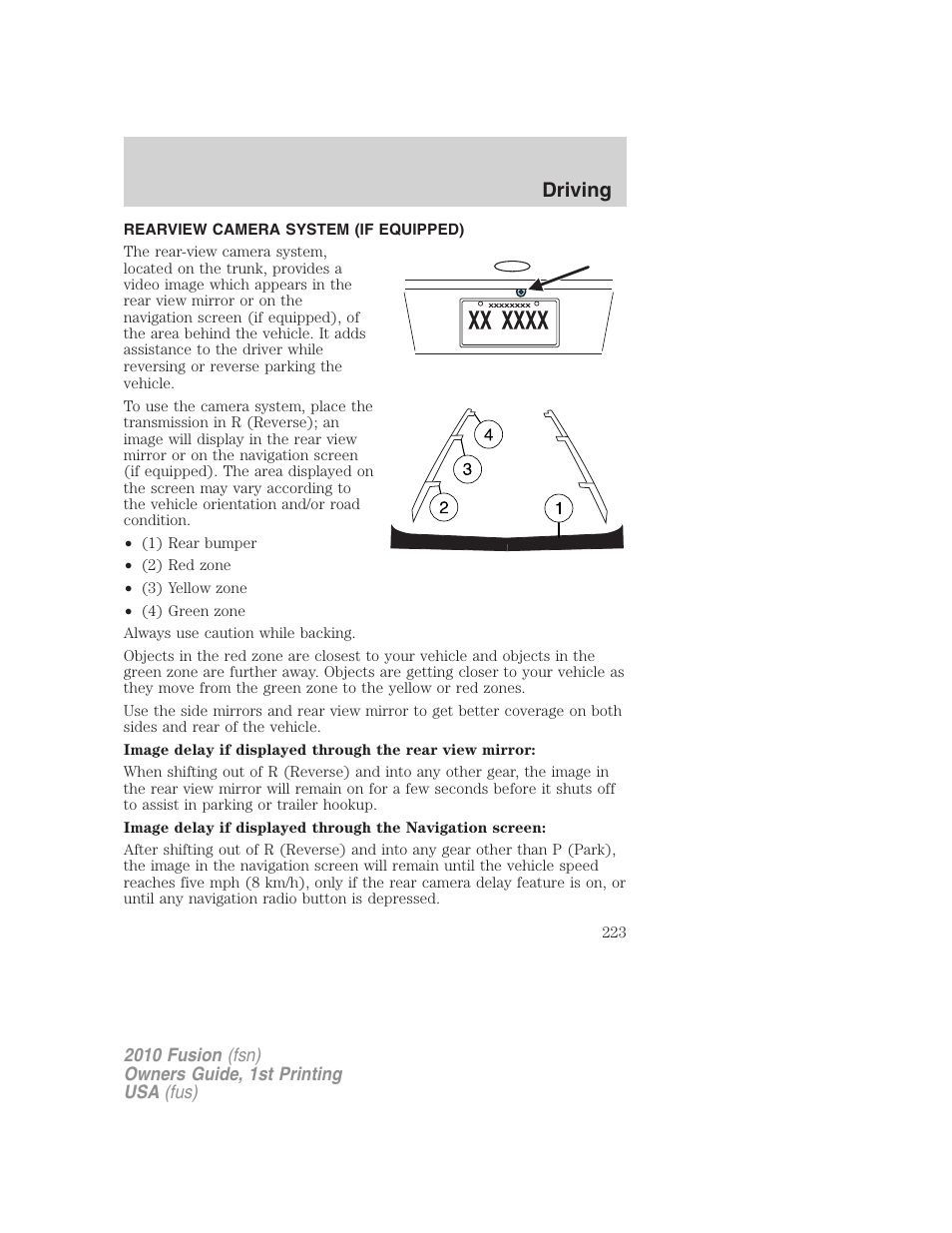 Rearview camera system (if equipped), Rear-view camera system, Driving | FORD 2010 Fusion v.1 User Manual | Page 223 / 338