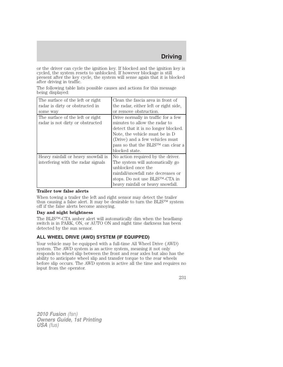 All wheel drive (awd) system (if equipped), Driving | FORD 2010 Fusion v.1 User Manual | Page 231 / 338