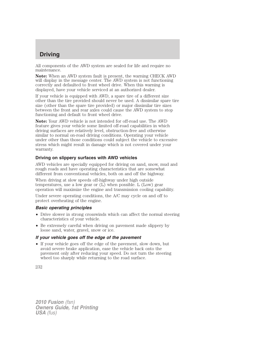 Driving on slippery surfaces with awd vehicles, Basic operating principles, If your vehicle goes off the edge of the pavement | Driving | FORD 2010 Fusion v.1 User Manual | Page 232 / 338