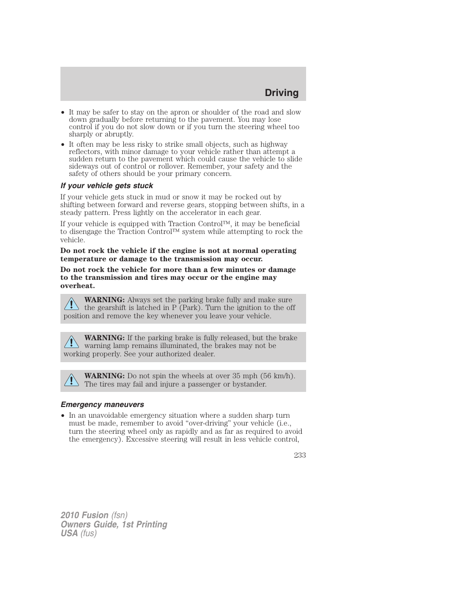 If your vehicle gets stuck, Emergency maneuvers, Driving | FORD 2010 Fusion v.1 User Manual | Page 233 / 338