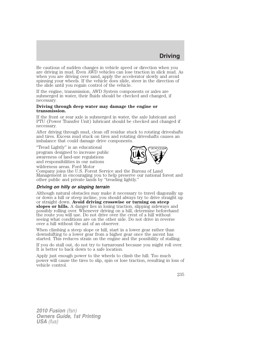 Driving on hilly or sloping terrain, Driving | FORD 2010 Fusion v.1 User Manual | Page 235 / 338