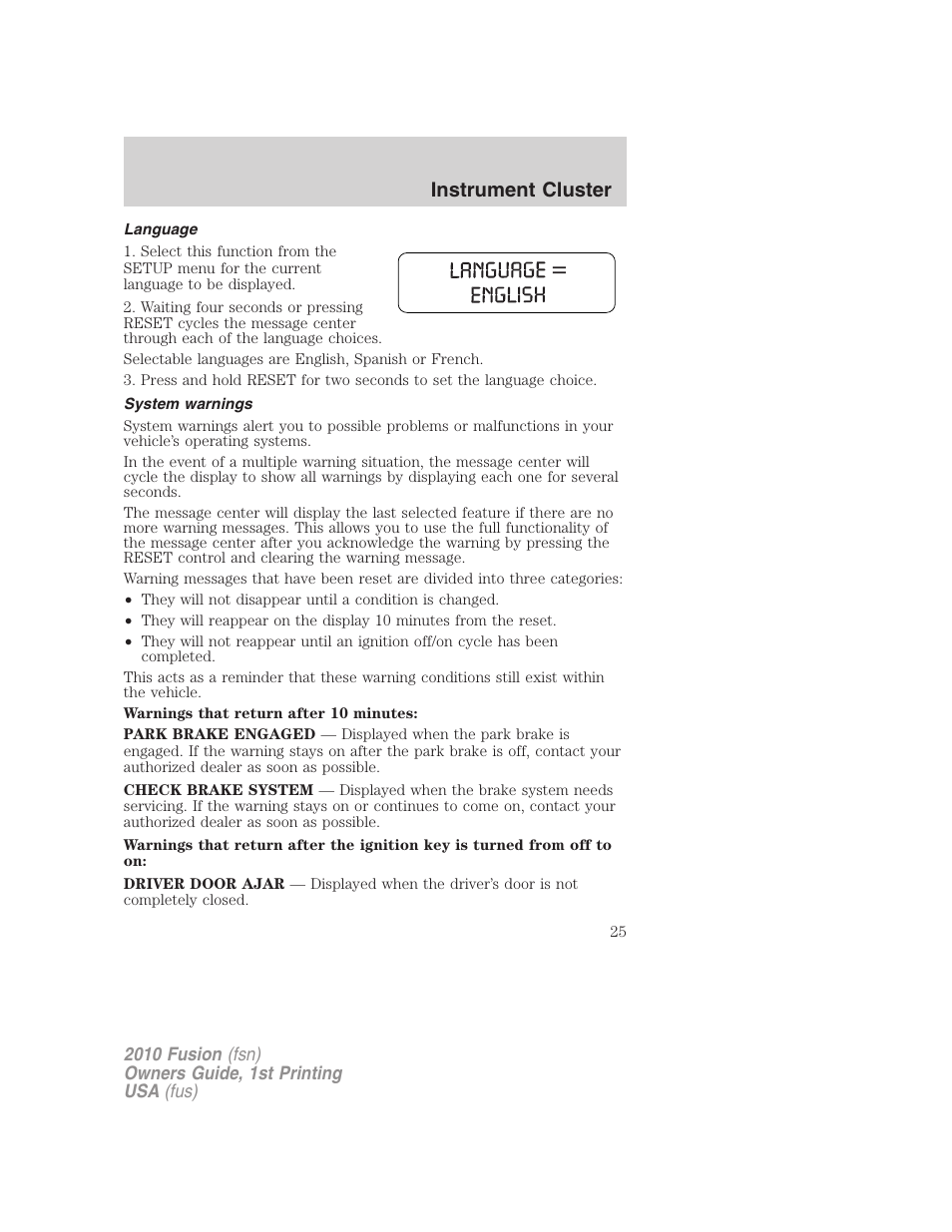 Language, System warnings, Instrument cluster | FORD 2010 Fusion v.1 User Manual | Page 25 / 338