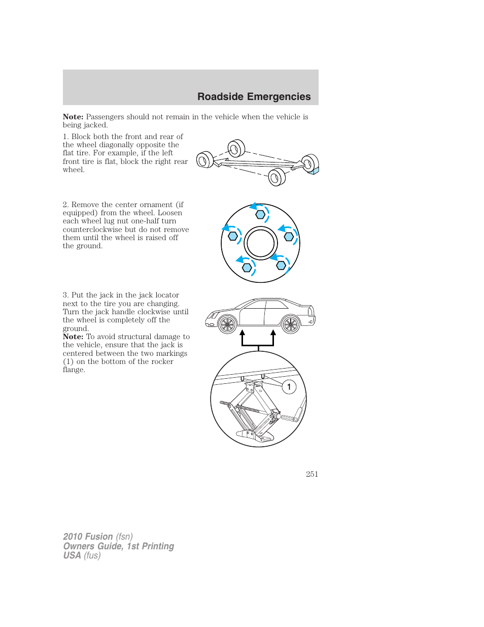 Roadside emergencies | FORD 2010 Fusion v.1 User Manual | Page 251 / 338