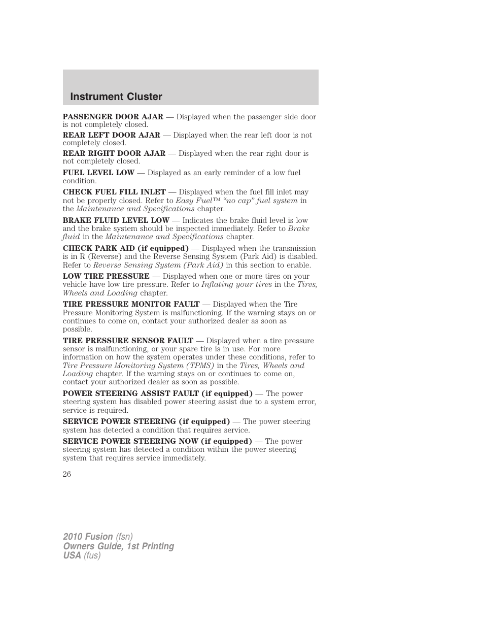 Instrument cluster | FORD 2010 Fusion v.1 User Manual | Page 26 / 338