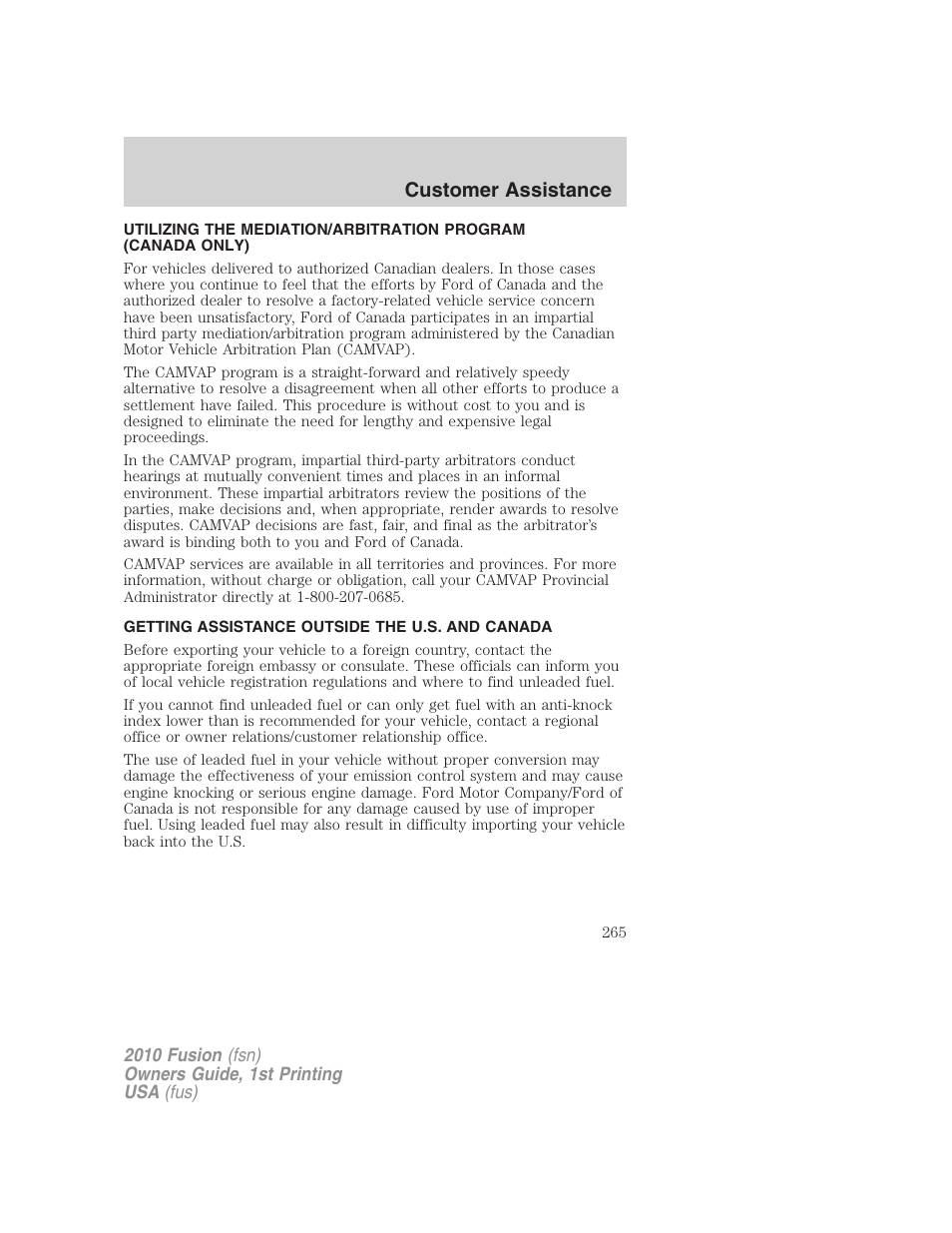 Getting assistance outside the u.s. and canada, Customer assistance | FORD 2010 Fusion v.1 User Manual | Page 265 / 338