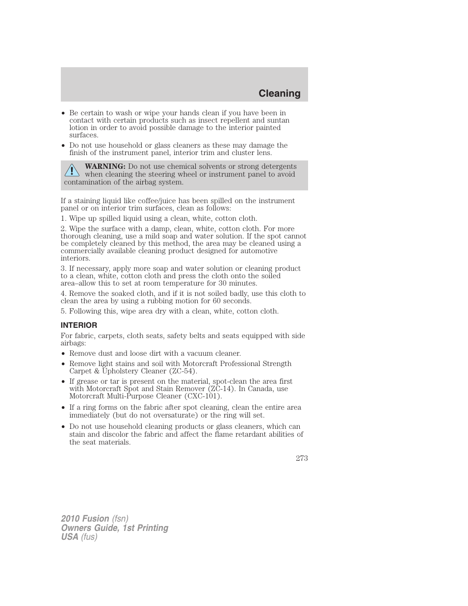 Interior, Cleaning | FORD 2010 Fusion v.1 User Manual | Page 273 / 338