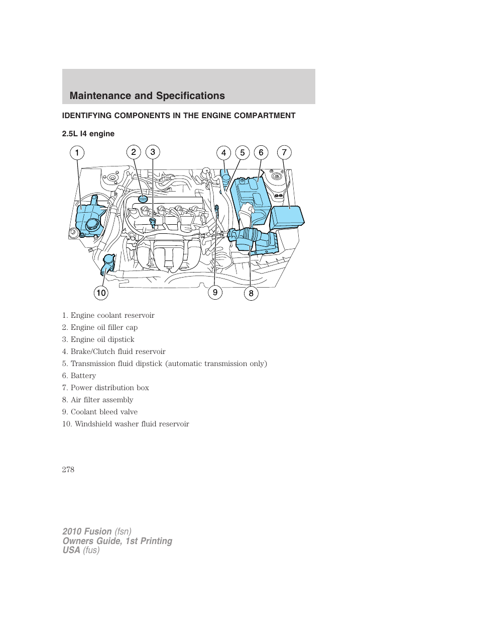 Identifying components in the engine compartment, 5l i4 engine, Engine compartment | Maintenance and specifications | FORD 2010 Fusion v.1 User Manual | Page 278 / 338