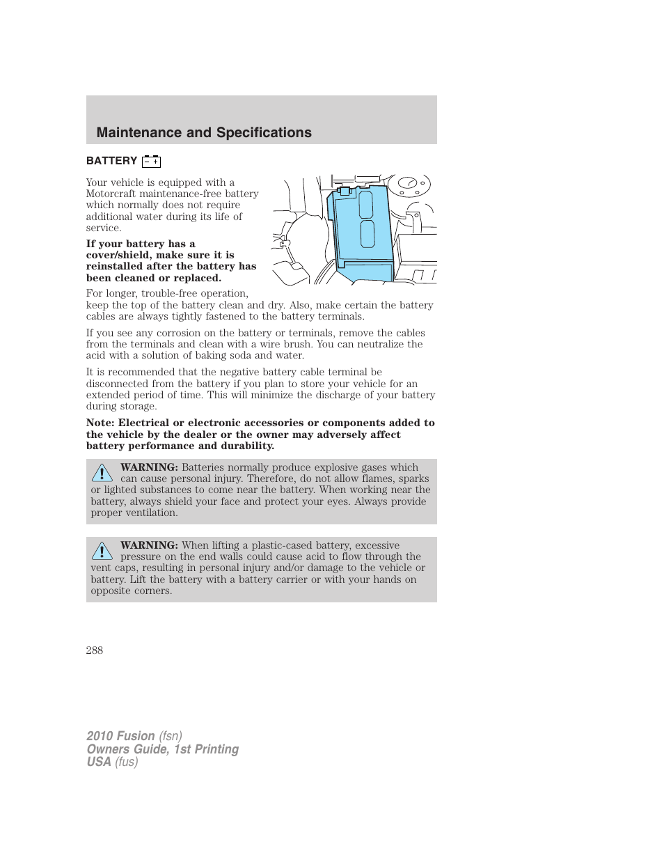 Battery, Maintenance and specifications | FORD 2010 Fusion v.1 User Manual | Page 288 / 338