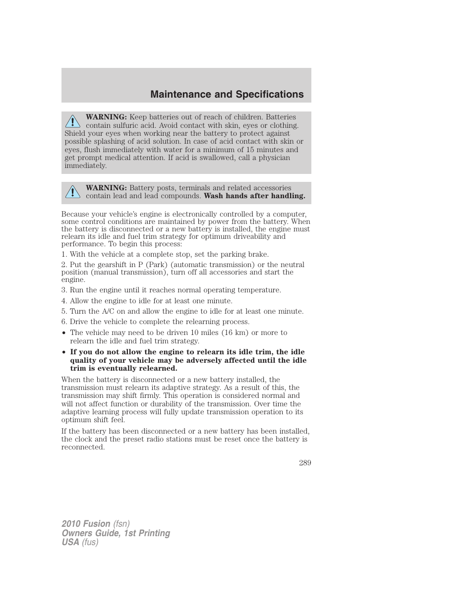 Maintenance and specifications | FORD 2010 Fusion v.1 User Manual | Page 289 / 338